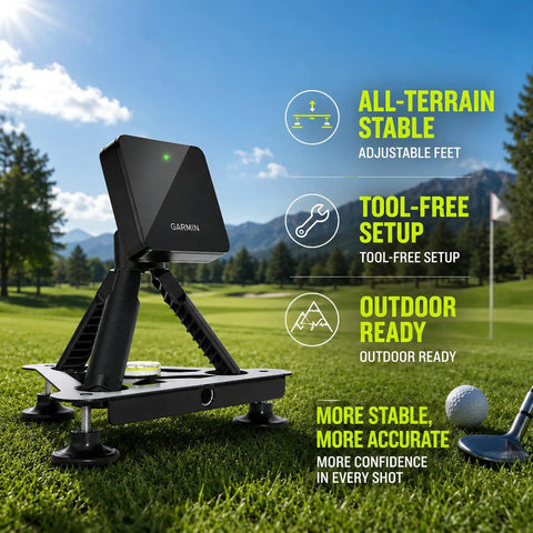 Adjustable Alignment And Leveling Stand For R10 Launch Monitor in use on grass, showcasing stability features.