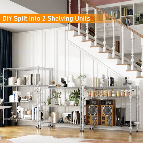 Adjustable 4 Tier Metal Wire Shelving Rolling Storage Rack With Heavy Duty Casters For Straight Up Quick Home Organization, split into two units.
