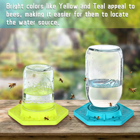 2 Pack Bee Watering Station For Garden Beekeeping, Mason Jar Compatible Bee Feeder in yellow and cyan with bees drinking