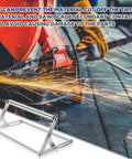 Two Large Adjustable Miter Saw Roller Stands Set With Dual Bearing System For Heavy Duty Smooth Sliding And Precise Cuts Height Adjustable From 0.98 To 5.71 Inches Table Saw Stand For Cutting Machines in industrial setting with sparks