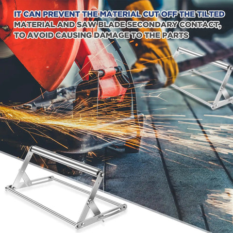 Two Large Adjustable Miter Saw Roller Stands Set With Dual Bearing System For Heavy Duty Smooth Sliding And Precise Cuts Height Adjustable From 0.98 To 5.71 Inches Table Saw Stand For Cutting Machines in industrial setting with sparks