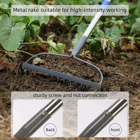 Heavy Duty Bow Rake With 60 Inch Stainless Steel Handle For Lawn Care, 14 Tines Rake on soil with close-up of handle connection