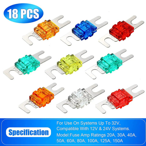 18 Piece Mini ANL Fuse Kit for Car Audio and Marine Electronics, assorted colored fuses for amp install and power wiring.