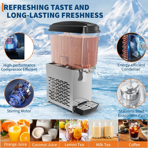 Heavy Duty Stainless Steel Single Tank Commercial Cold Drink Dispenser Working Like A Champ For Bustling Restaurants And Bars To Keep Beverages Icy Fresh And Ready with transparent tank and stainless steel base.