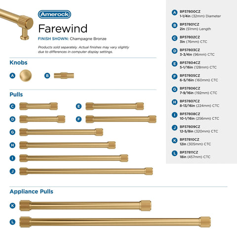 Farewind Transitional Champagne Bronze Cabinet Pulls and Knobs, various sizes, including 6-5/16 inch center-to-center, 7-1/8 inch length