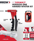 Headless One Handed Rivet Tool Kit for Metal Fabric Leather Auto Repair Riveter Set with case, rivets, and drill bits.
