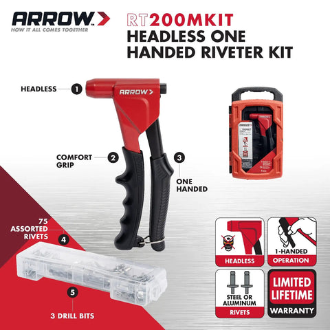 Headless One Handed Rivet Tool Kit for Metal Fabric Leather Auto Repair Riveter Set with case, rivets, and drill bits.