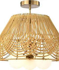 15 Inch Natural Rattan Semi Flush Mount Three Light Indoor Fixture With Brass Finish, Dome Basket Weave Design