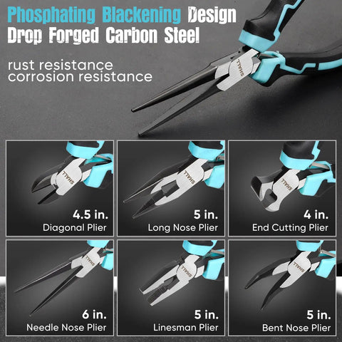 Mini Pliers Set Six Piece Everyday Hand Tool Kit With Needle Nose Long Nose Bent Nose Diagonal End Cutting And Linesman Pliers Plus Compact Portable Pouch For Crafts Electronics Jewelry Repair And DIY Projects, 6-piece carbon steel set