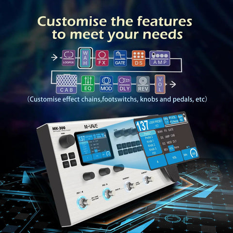 MK-300 Guitar And Bass Amp Modeler With 320 Plus Effects 160 Presets Looper Drum Machine USB And Bluetooth display features