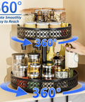 Two-tier black metal Lazy Susan spice rack, 12-inch diameter, rotates 360° for cabinet or countertop use.