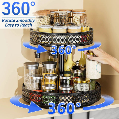 Two-tier black metal Lazy Susan spice rack, 12-inch diameter, rotates 360° for cabinet or countertop use.