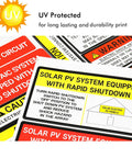 Solar PV System Safety Label Kit With 48 Outdoor Vinyl Stickers For 2020 And 2017 National Code Compliance, close-up view