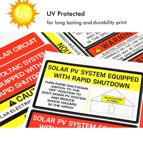 Solar PV System Safety Label Kit With 48 Outdoor Vinyl Stickers For 2020 And 2017 National Code Compliance, close-up view