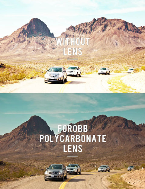 Comparison of mountain road with and without Polarized Replacement Lenses For Ray-Ban Meta Wayfarer RW4006 50mm polycarbonate lenses.