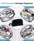 Four Grab-And-Go Travel Cable Organizer With 8 Compartments shown in use with electronics, cosmetics, health supplies, and daily necessities.