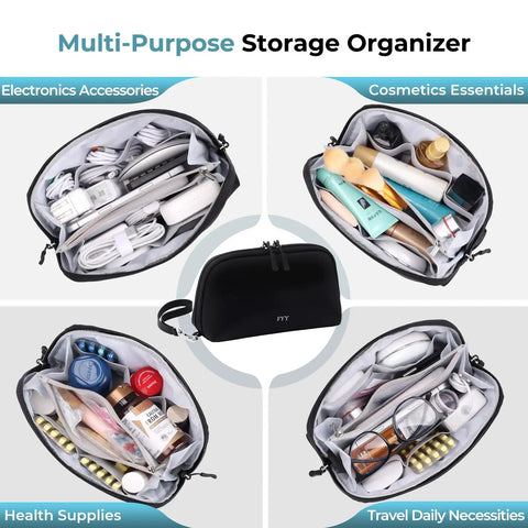 Four Grab-And-Go Travel Cable Organizer With 8 Compartments shown in use with electronics, cosmetics, health supplies, and daily necessities.