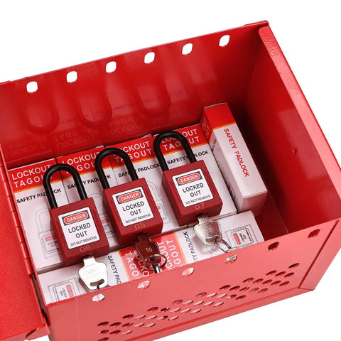 Heavy Duty Lockout Tagout Box for Group Lockout, 12 Padlock Capacity, Industrial Grade Steel, Red Portable LOTO Lock Box open with locks