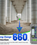 Pulse Mode Ready Laser Receiver With LCD And LED Display For Outdoor Leveling, Green And Red Beams, Up To 660 Feet, IP65 Waterproof, Magnetic Mount And Clamp, Compatible With Pro Laser Levels That Use Pulse Mode. 660 ft range shown on construction site