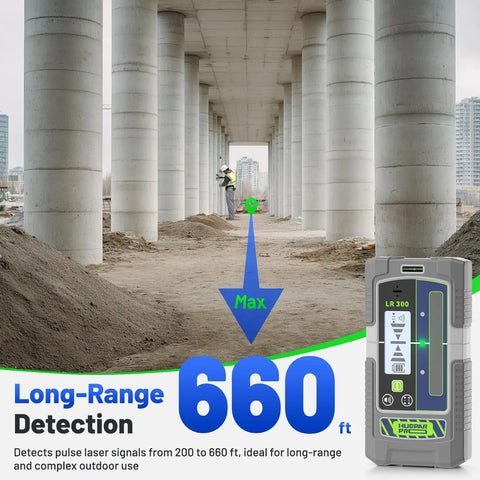 Pulse Mode Ready Laser Receiver With LCD And LED Display For Outdoor Leveling, Green And Red Beams, Up To 660 Feet, IP65 Waterproof, Magnetic Mount And Clamp, Compatible With Pro Laser Levels That Use Pulse Mode. 660 ft range shown on construction site