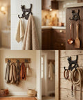Built Tough Cast Iron Cat Wall Hooks With Double Loop Design on various walls holding towels and utensils, rustic brown finish, set of two.