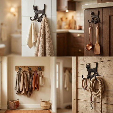 Built Tough Cast Iron Cat Wall Hooks With Double Loop Design on various walls holding towels and utensils, rustic brown finish, set of two.