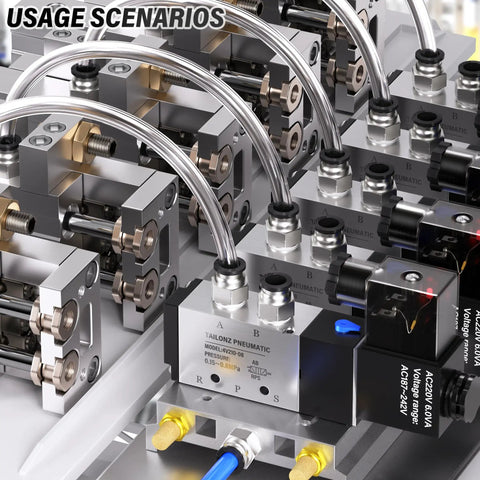 Industrial setup with pneumatic valves demonstrating Male Straight Push To Connect Fittings Three Eighths Inch Tube Outer Diameter