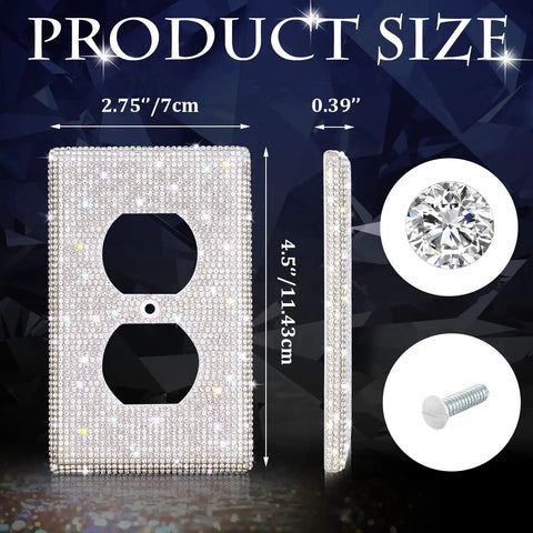 4 Pack Shiny Rhinestones Light Switch Covers Faux Crystal Wall Plate Outlet Covers Silver Bling Decor for Home Ornaments Standard Size Easy To Install Vintage Glam Look with dimensions displayed.