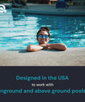 Person in sunglasses relaxing on a pool edge with clear water, text reads 'Designed in the USA to work with inground and above ground pools'.