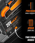 Cordless 20V Max 18 Gauge Brad Nailer With 2.0Ah Battery And Charger showing firing mode selection and orange accents