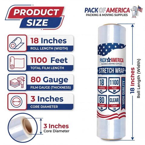 Built Tough Industrial Stretch Film Four Rolls 18 Inches By 1100 Feet 80 Gauge Clear Plastic Shrink Wrap size specifications chart