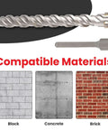 SDS Max masonry drill bit set with two bits over Compatible Materials banner showing block, concrete and brick icons.