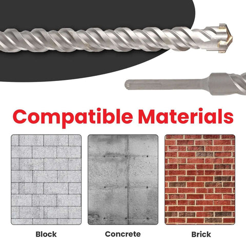 SDS Max masonry drill bit set with two bits over Compatible Materials banner showing block, concrete and brick icons.