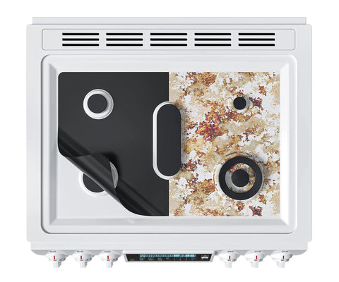 Custom Fit Gas Stove Top Cover Protector For Your Burner Area - Heat Resistant Up To 572 F - Nonstick Teflon Liner displayed on stove