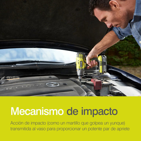 Person using 18V Cordless Three Speed Impact Wrench Body Only With One Half Inch Square Drive Locking Pin And One Quarter Inch Hex Adapter Delivers Up To Beast Mode Four Hundred Newton Meters Of Torque For Auto Construction And Heavy Duty Nuts And Bolts on car engine