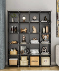 Nine Cube Closet Organizer Set For Bedroom And Office, black stackable storage cubes with decor and books displayed