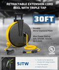 30 Foot Retractable Extension Cord Reel With Ceiling Or Wall Mount Sixteen Gauge Three Conductor SJTW Power Cord Three Outlets 10 Amp Breaker Metal Plate UL Listed For Garage And Shop