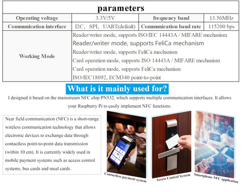 Specifications for NFC HAT For Raspberry Pi 5 4B 3B Plus 3B 2B A Plus Zero W WH Zero 2W Pico Pico 2W With PN532 Chip displayed.