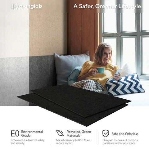 Acoustic Wall Panels 10 Pack For Home Studio And Office, Plain Black Felt, Recycled PET, with woman sitting on couch in background.