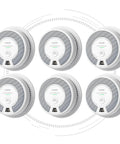 Six Pack Wireless Interconnected Smoke And Carbon Monoxide Detectors Featuring Ten Year Sealed Battery For Battle Ready Home Security And Straight Up Worry Free Peace Of Mind, displayed in a grid layout.