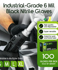 Industrial-grade black nitrile gloves, 6 mil, disposable; box of 100