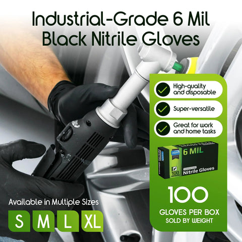 Industrial-grade black nitrile gloves, 6 mil, disposable; box of 100