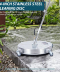Heavy Duty Twenty Four Inch Pressure Washer Surface Cleaner For Driveways Features Pro Grade Stainless Steel Dual Spin Nozzles rated to handle four thousand psi cleaning a patio surface.