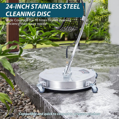 Heavy Duty Twenty Four Inch Pressure Washer Surface Cleaner For Driveways Features Pro Grade Stainless Steel Dual Spin Nozzles rated to handle four thousand psi cleaning a patio surface.