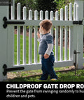 Child near fence with Heavy Duty Cane Bolt Gate Drop Rod Latch For Wood PVC Vinyl Metal Fences And Gates 12 Inch Solid Steel