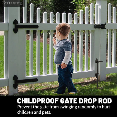 Child near fence with Heavy Duty Cane Bolt Gate Drop Rod Latch For Wood PVC Vinyl Metal Fences And Gates 12 Inch Solid Steel