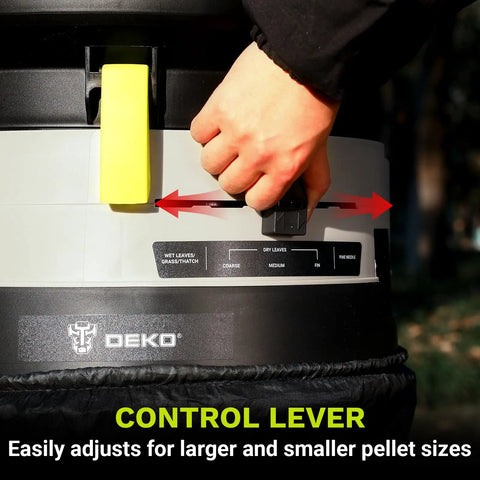 Hand adjusting control lever on Electric Leaf Mulcher Shredder With 15 Amp Motor Spinning 8200 RPM for 17 to 1 reduction.