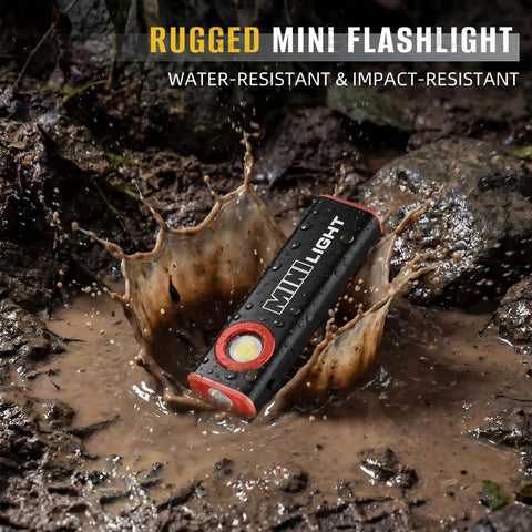 E1 1200 Lumen Dual Light Flashlight with Magnetic Flat EDC Design splashing in water, rugged and compact for outdoor use.