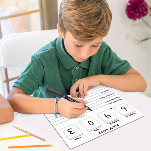 Child using Double Sided Place Value Board 9x12 Inches For Kids, Dry Erase Math Manipulative To Teach Place Values From Billions To Decimal Numbers