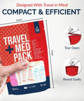 Travel medicine kit front view, red and blue TSA-friendly 78-tablet med pack (Amazon).